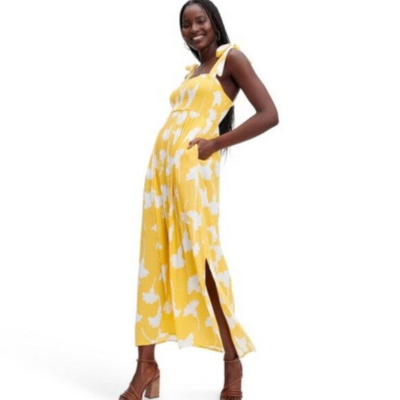 DVF Smocked Tie Strap Ginkgo Yellow Midi Dress NWT Size Medium - Picture 1 of 7